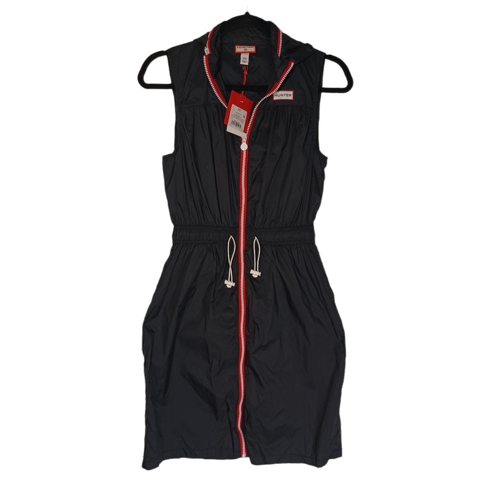 HUNTER Black Nylon Red Front Zipper Hooded Sleeveless Dress X-Small NWT